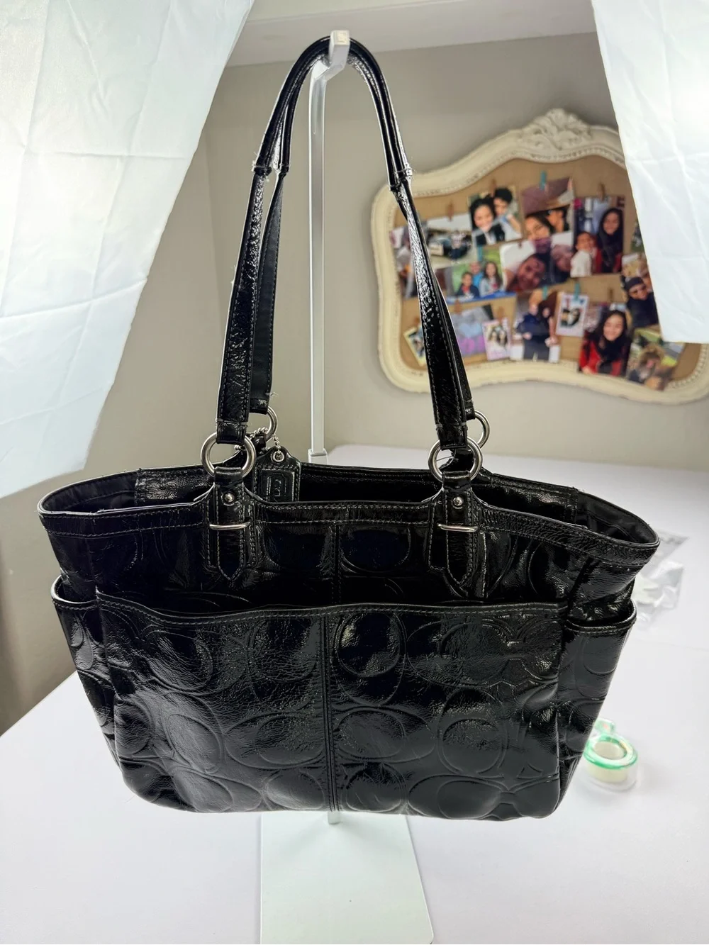 Coach Signature Patent Leather Shoulder Tote Black Silver Hardware F19463 Preppy